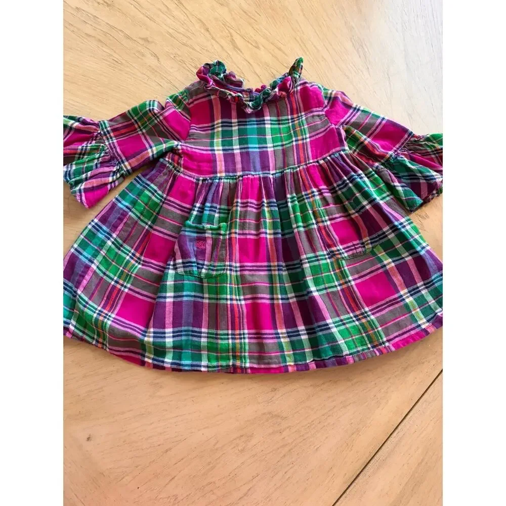 Ralph Lauren Plaid Tartan Babydoll Girls Dress 12M holiday Ruffles Pink Green